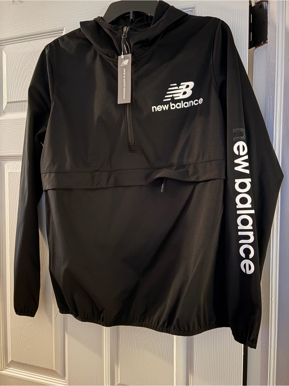 New Balance Black Hooded Half-Zip Windbreaker with White Logos